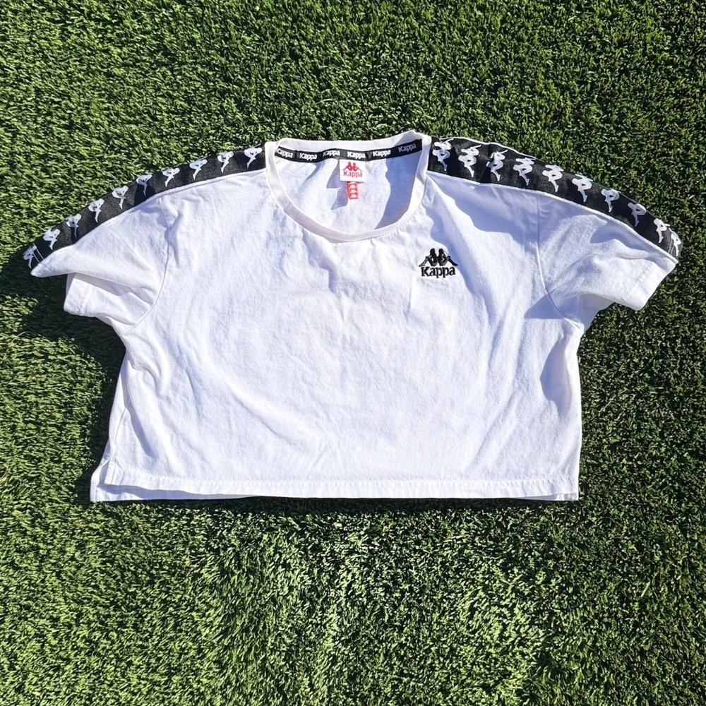 Kappa‎ Womens White Logo Tape Cropped T-Shirt Medium Short Sleeve Cotton Tee